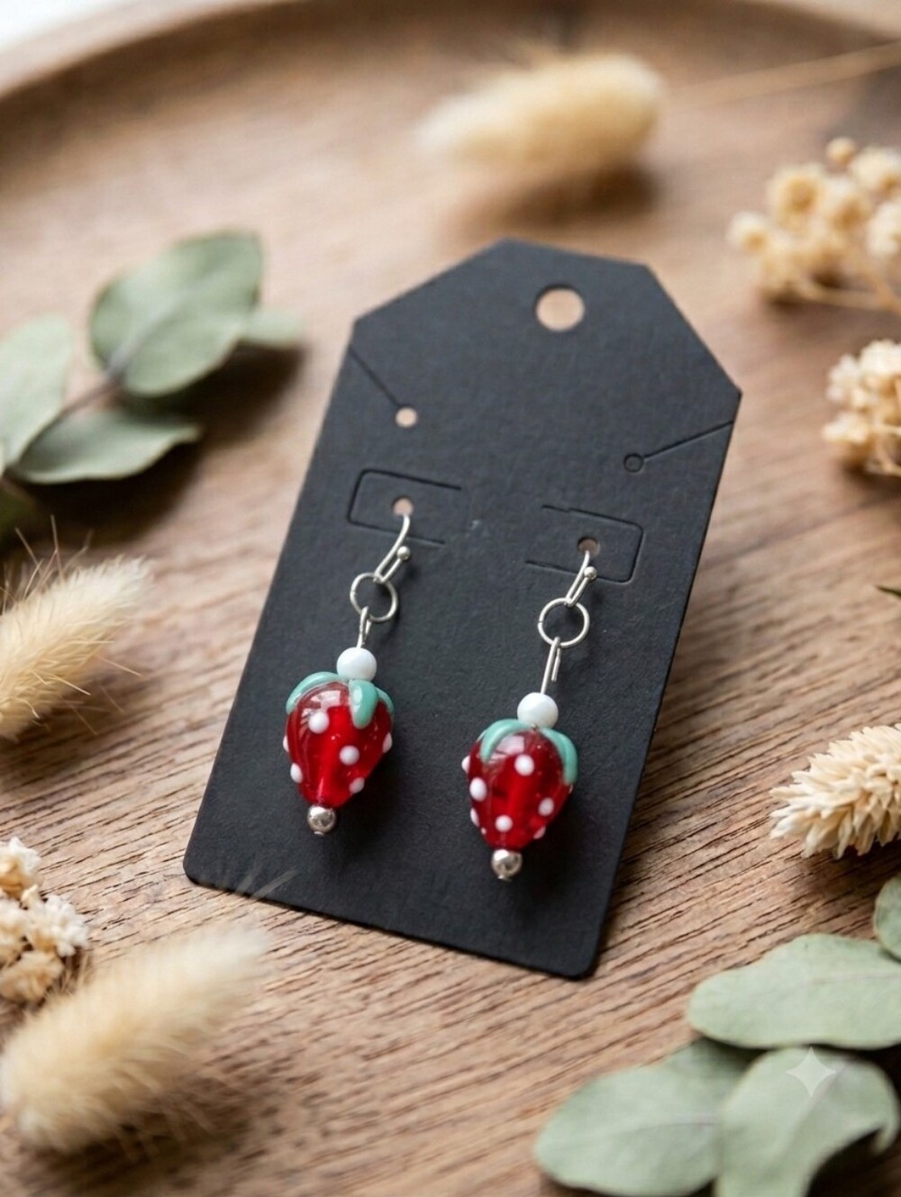 Hand Crafted Red and White Strawberry Glass Drop Earrings